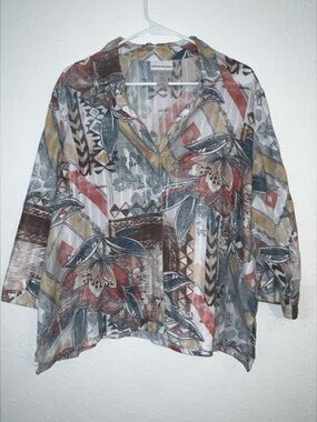 Alfred Dunner Cream Button-Up Blouse with Rust & Slate Accents